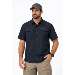 Free Country Mens XL Navy Blue Short Sleeve Button Up Shirt Pockets Outdoor